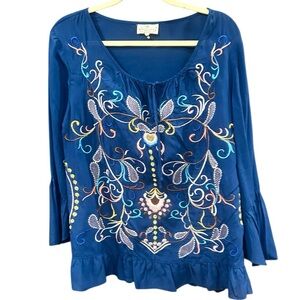 Grand & Greene Boho Embroidered Blue Ruffle Sleeve Loose Top Size Large